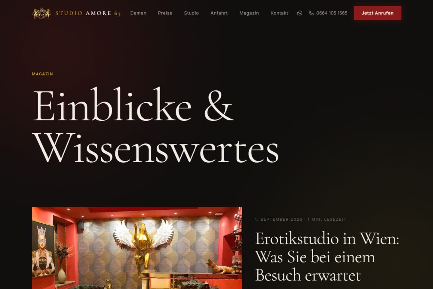 Magazin-Seite der neuen Website von Studio Amore 63 mit Artikel über einen Besuch im Erotikstudio in Wien