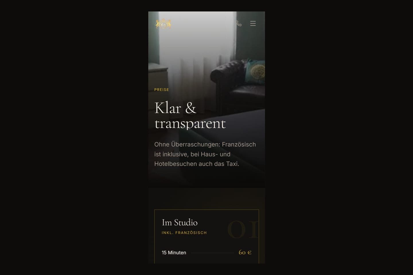 Mobile Ansicht der Preisseite von Studio Amore 63 auf einem Smartphone-Bildschirm