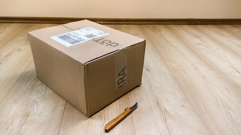 Neutraler brauner Versandkarton ohne Aufdruck auf einem dunklen Holztisch