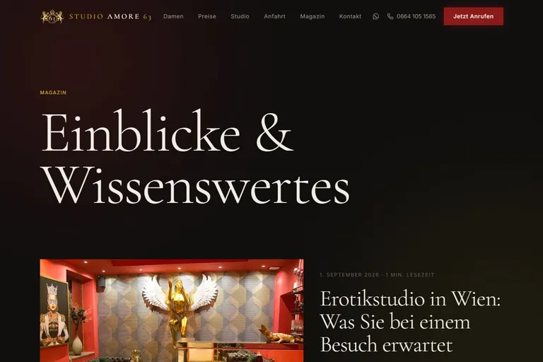 Magazin-Seite der neuen Website von Studio Amore 63 mit Artikel über einen Besuch im Erotikstudio in Wien