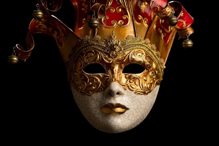 Goldene venezianische Maske mit Ornamenten vor schwarzem Hintergrund